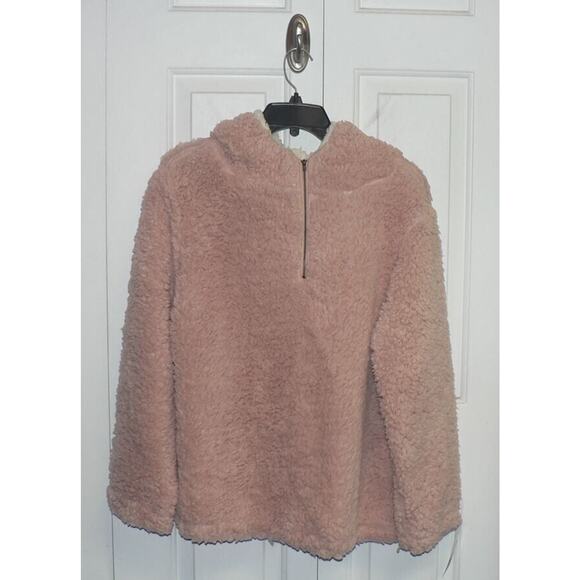 Forgotten Grace Women's Hooded Quarter Zip Faux Shearling Pullover Blush Large - Picture 2 of 6